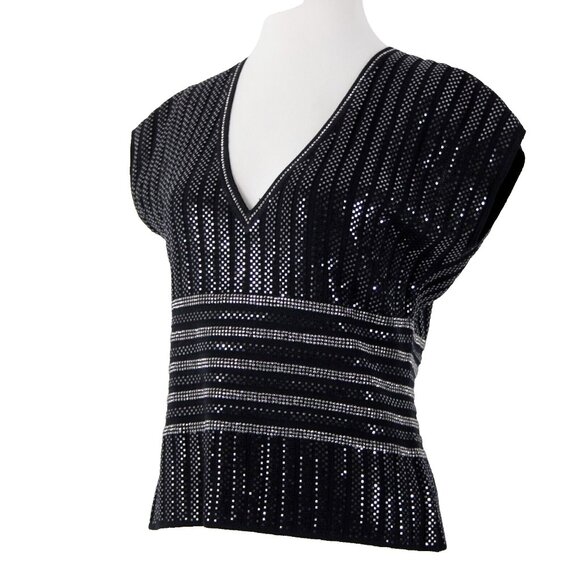 St John Evening Sz 8 Black Silver Stud Paillettes V Neck Santana Knit Top - Picture 1 of 10